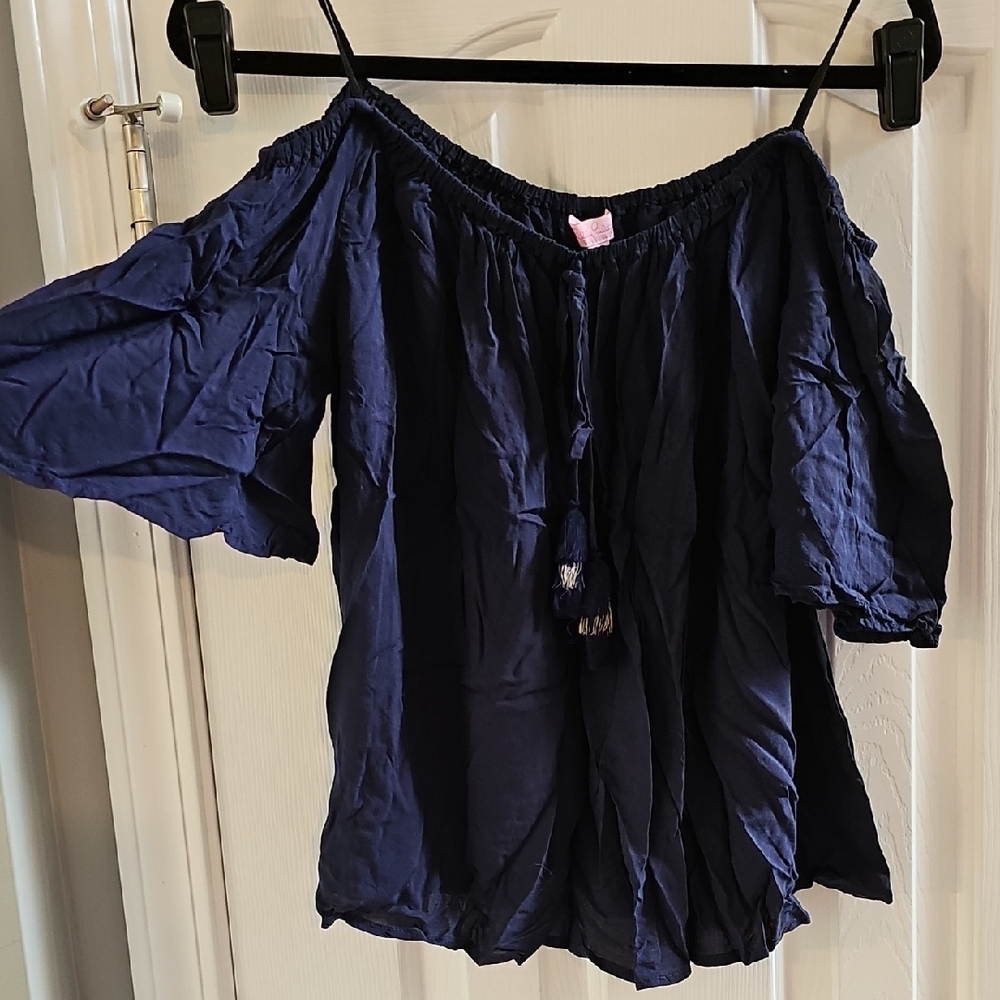 Lilly Pulitzer Navy Blue Off-Shoulder Tassel Blouse